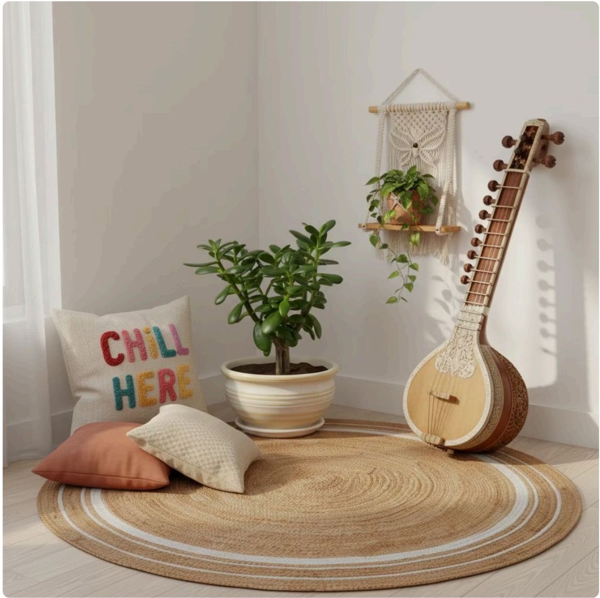 An Untosa proposal in progress. A quiet corner with a cushion, plant and stringed instrument.
